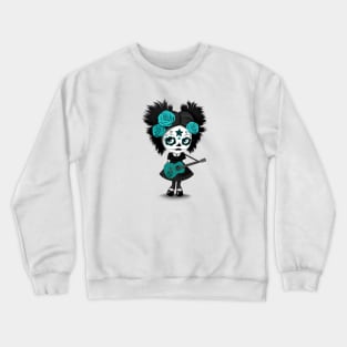 Teal Blue Sugar Skull Big Eyed Girl Playing the Guitar Crewneck Sweatshirt